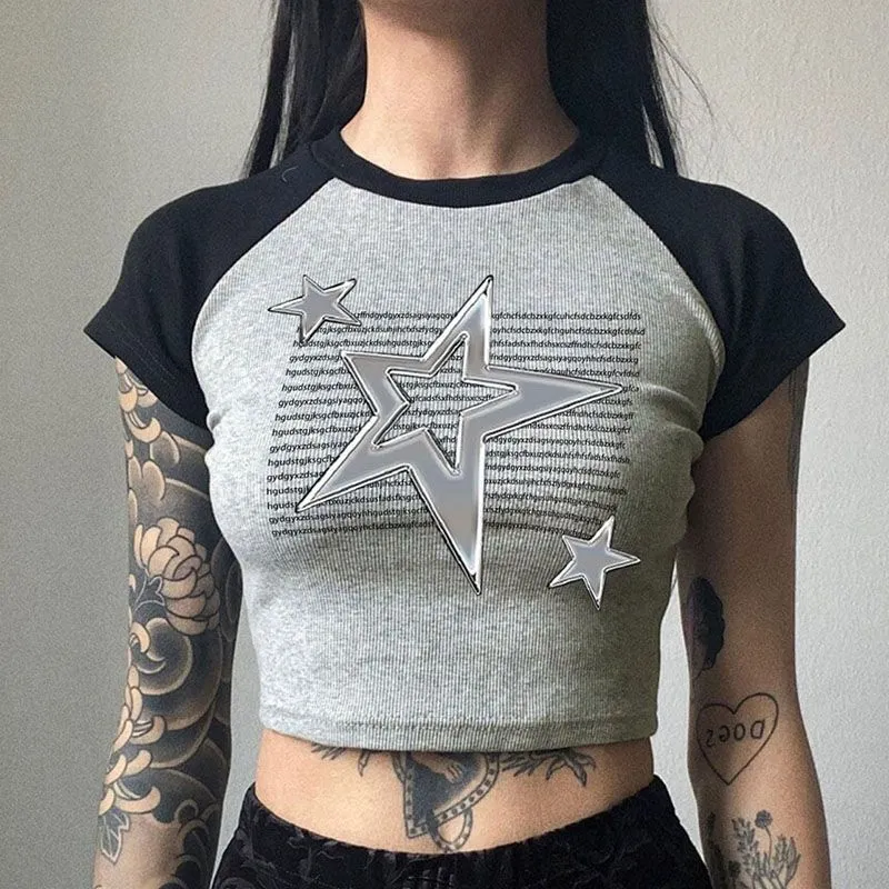 Women Retro Star Print Short-Sleeve Crop Top