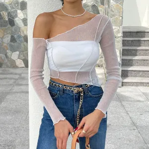 Women Sexy Mesh Perspective Slanted Shoulder Long-Sleeve Crop Top