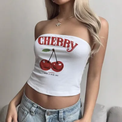 Women Fashion Sexy Cherry Letter Printed Slim-Fit Crop Top