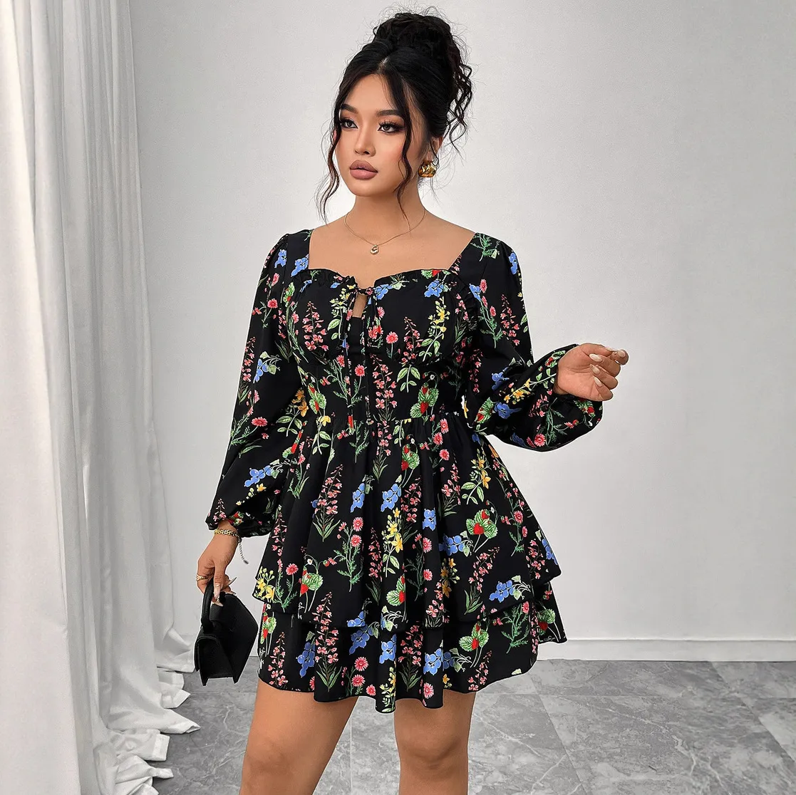 Women Fashion Sexy Plus Size Square Collar Puff Sleeve Backless Dress