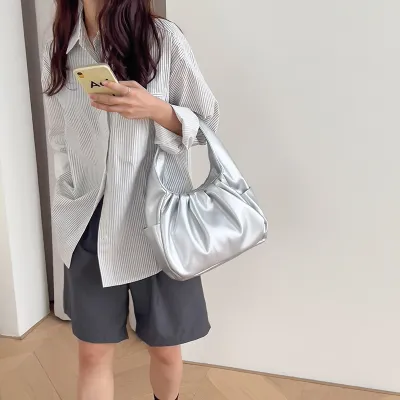 Women Casual Solid Color Soft Leather Cloud Folded Handbag