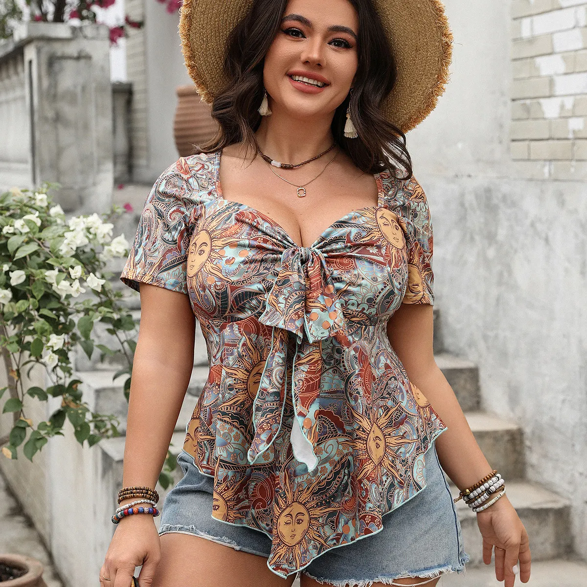 Women Fashion Sexy Plus Size Printed Short-Sleeve Lace-Up Loose T-Shirt