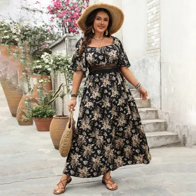 Women Plus Size Printed Square Collar Short Sleeve Vacation Dress