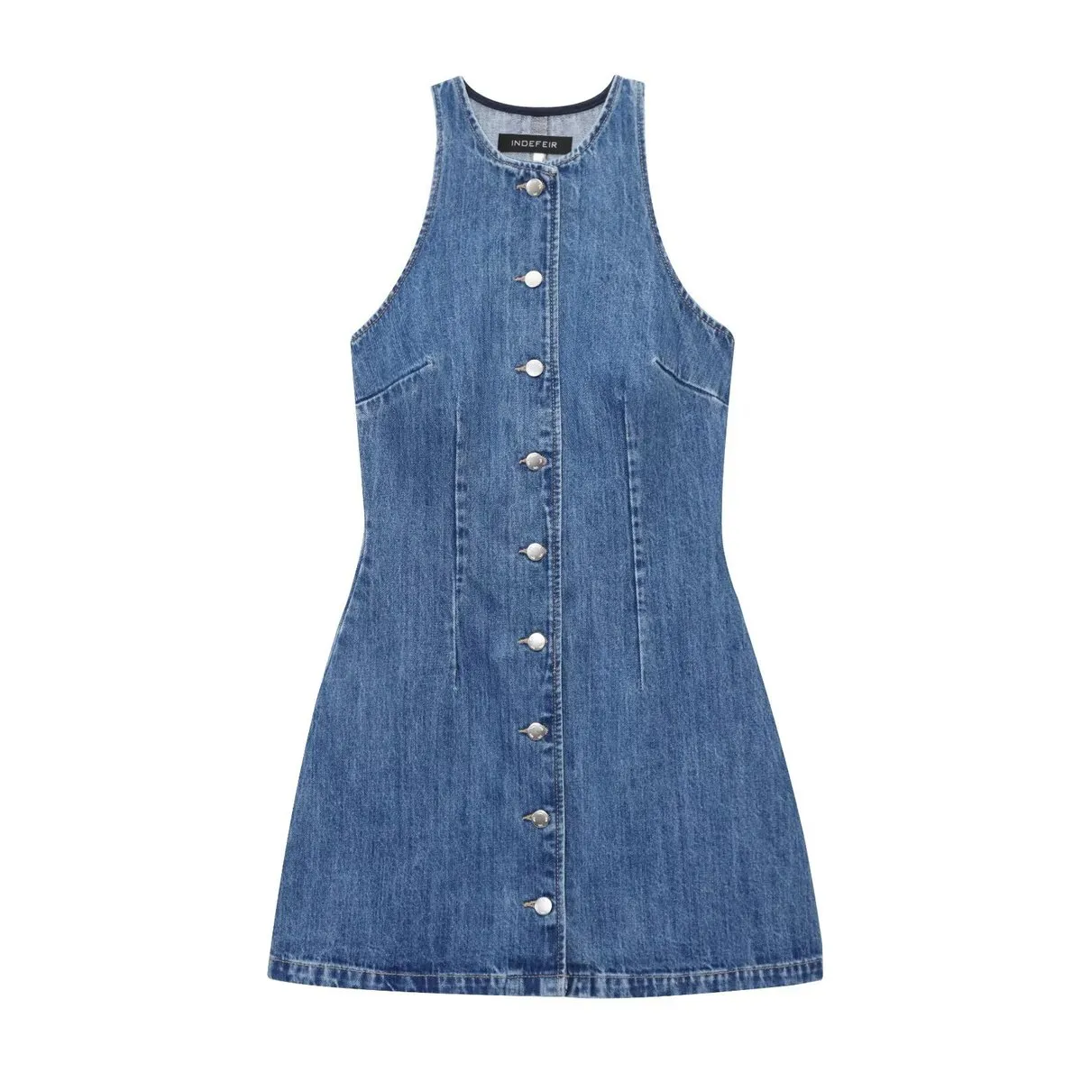 Women's Elegant Sleeveless Denim Dress with Round Neck