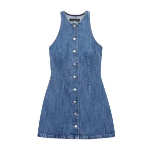 Women's Elegant Sleeveless Denim Dress with Round Neck