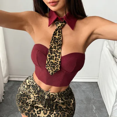 Women Sexy Leopard Halter-Neck Crop Top