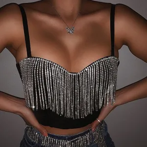 Women Sexy Solid Color Rhinestone Chain Tassel Crop Top