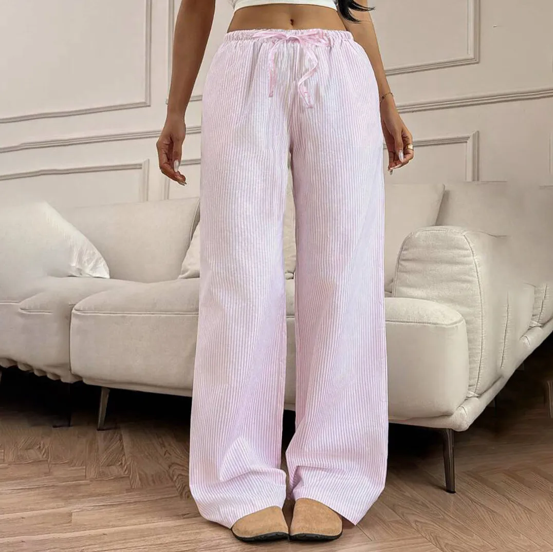 Women Casual Pink Drawstring Wide Leg Pants