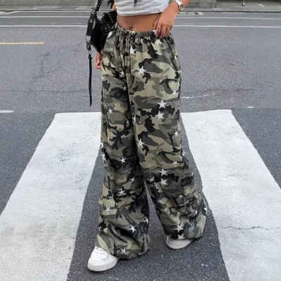 Women Casual Camouflage Low Waist Loose Fit Straight Pants
