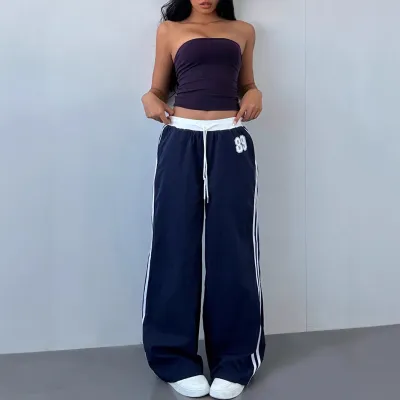 Women Fashion Casual Stripe High Waist Wide Leg Loose Pants