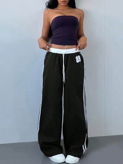 Women Fashion Casual Stripe High Waist Wide Leg Loose Pants