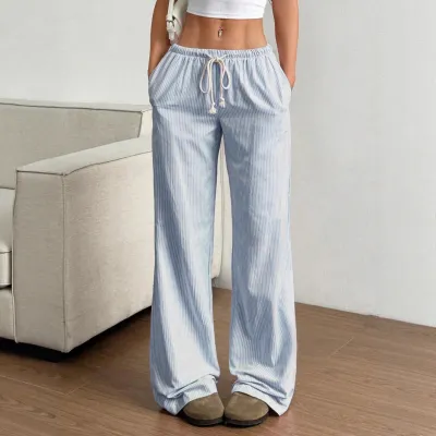 Women Casual Stripe Drawstring Wide Leg Pants