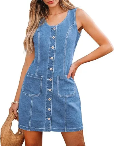 Women Casual Sleeveless Buckle Denim Dress