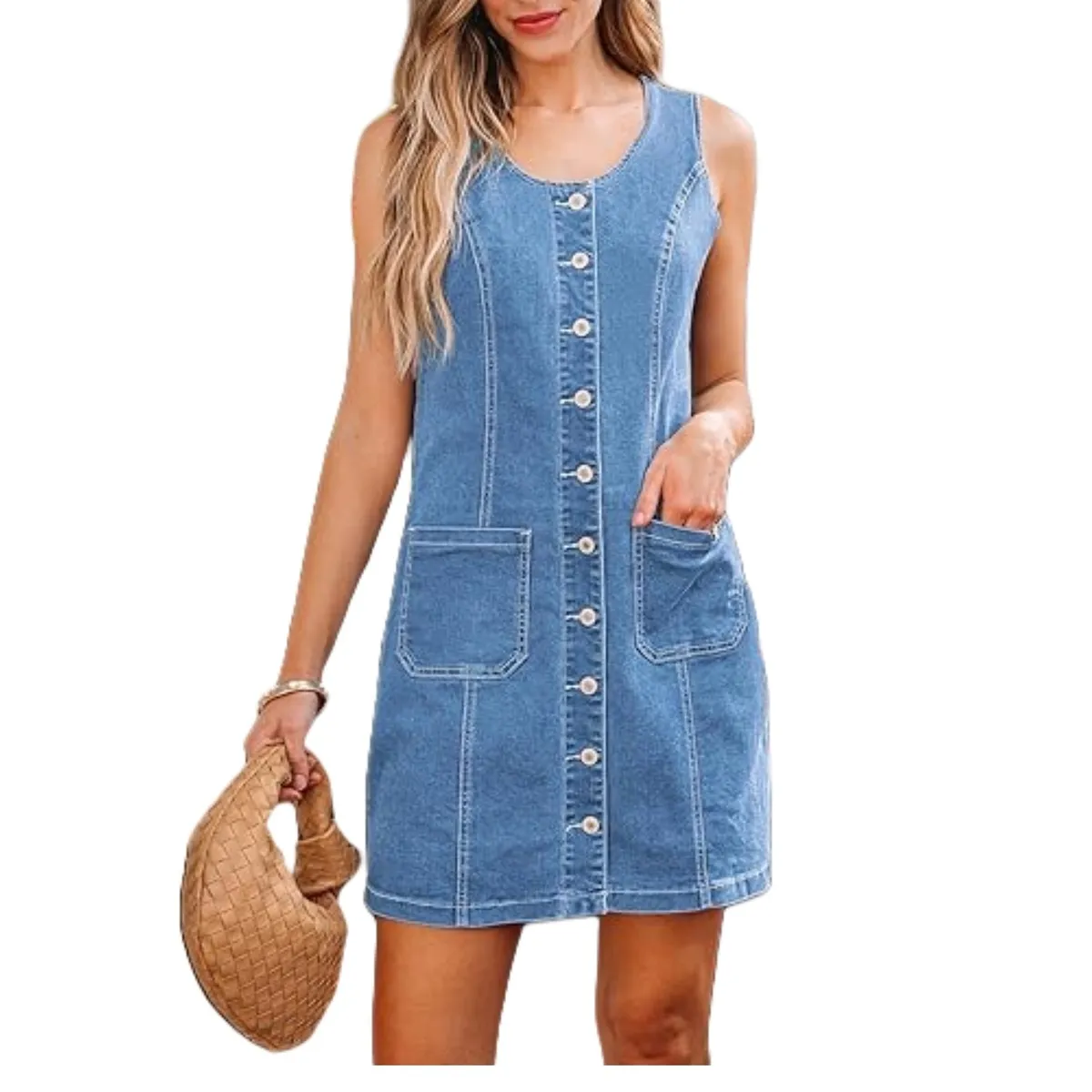 Women Casual Sleeveless Buckle Denim Dress