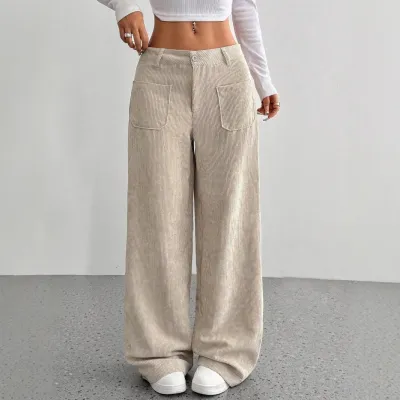 Women Casual Corduroy Wide Leg Loose Pants Low Waist