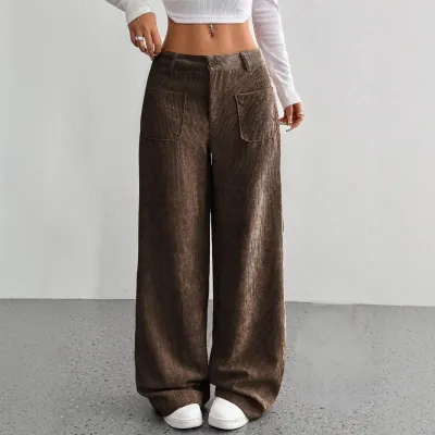 Women Casual Corduroy Wide Leg Loose Pants Low Waist