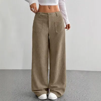 Women Casual Corduroy Wide Leg Loose Pants Low Waist