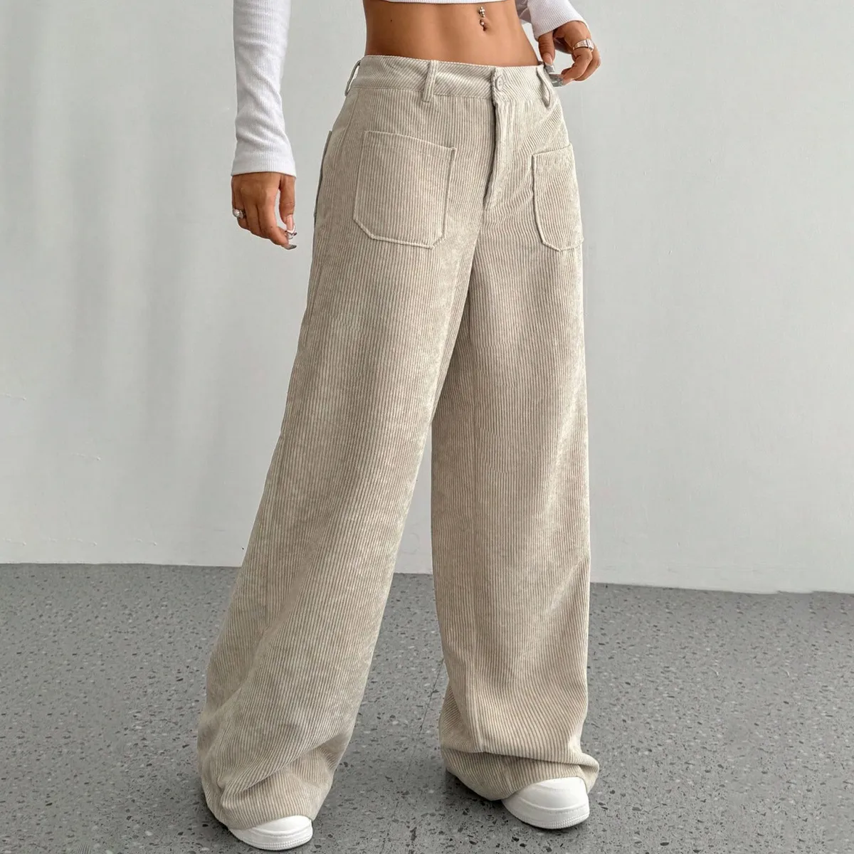 Women Casual Corduroy Wide Leg Loose Pants Low Waist