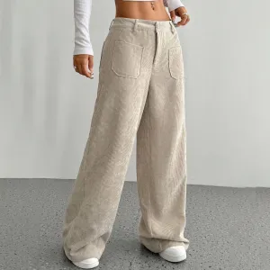 Women Casual Corduroy Wide Leg Loose Pants Low Waist