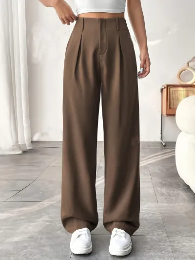 Women Casual Solid Color High Waist Wide Leg Pants