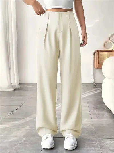 Women Casual Solid Color High Waist Wide Leg Pants