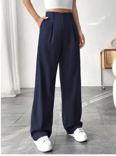 Women Casual Solid Color High Waist Wide Leg Pants