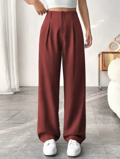 Women Casual Solid Color High Waist Wide Leg Pants