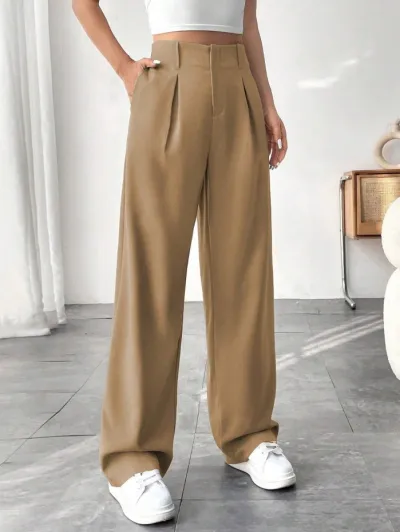 Women Casual Solid Color High Waist Wide Leg Pants