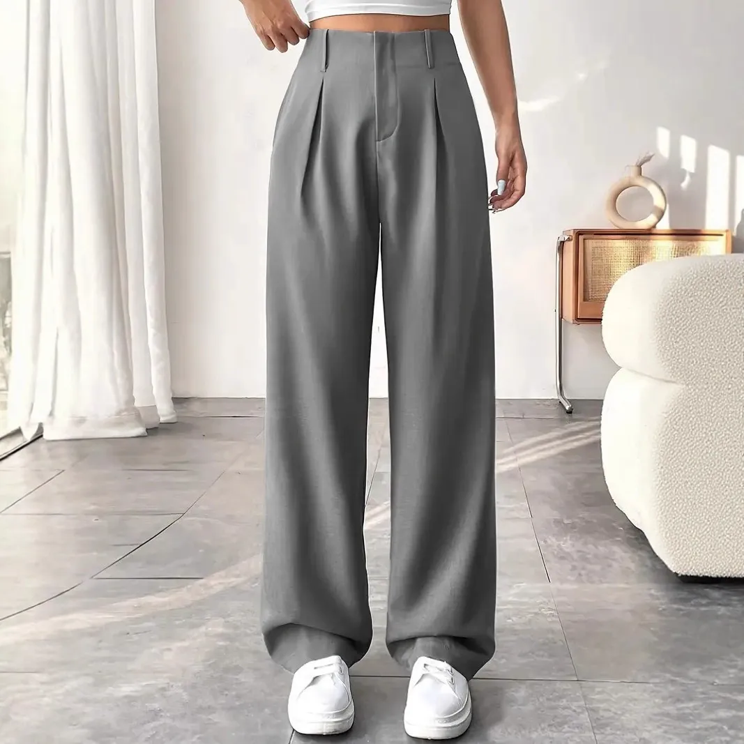 Women Casual Solid Color High Waist Wide Leg Pants
