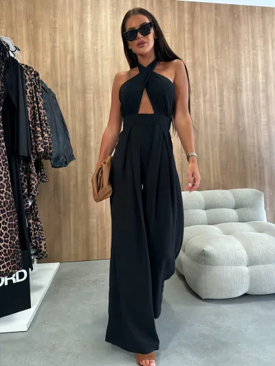 Women Fashion Sexy Solid Color Halter-Neck Sleeveless Tight Waist Jumpsuit