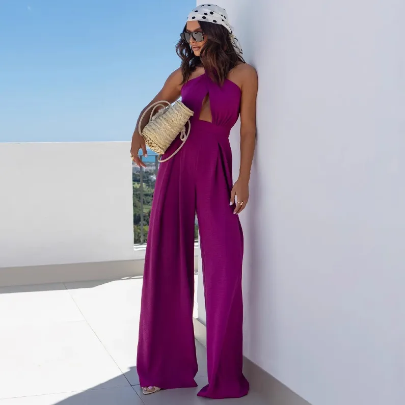 Women Fashion Sexy Solid Color Halter-Neck Sleeveless Tight Waist Jumpsuit