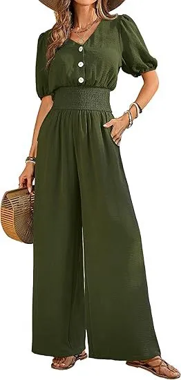 Women Casual Solid Color Pleated Button V-Neck Short-Sleeve Wide Leg Jumpsuits