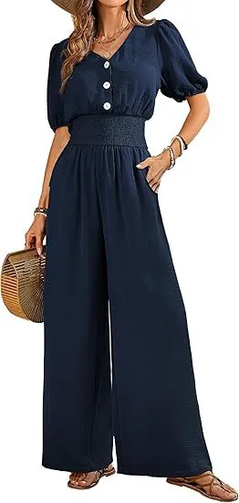 Women Casual Solid Color Pleated Button V-Neck Short-Sleeve Wide Leg Jumpsuits
