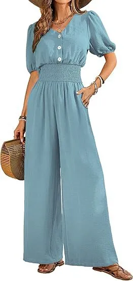 Women Casual Solid Color Pleated Button V-Neck Short-Sleeve Wide Leg Jumpsuits
