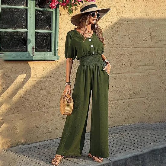 Women Casual Solid Color Pleated Button V-Neck Short-Sleeve Wide Leg Jumpsuits
