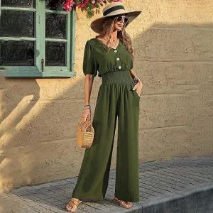 Women Casual Solid Color Pleated Button V-Neck Short-Sleeve Wide Leg Jumpsuits