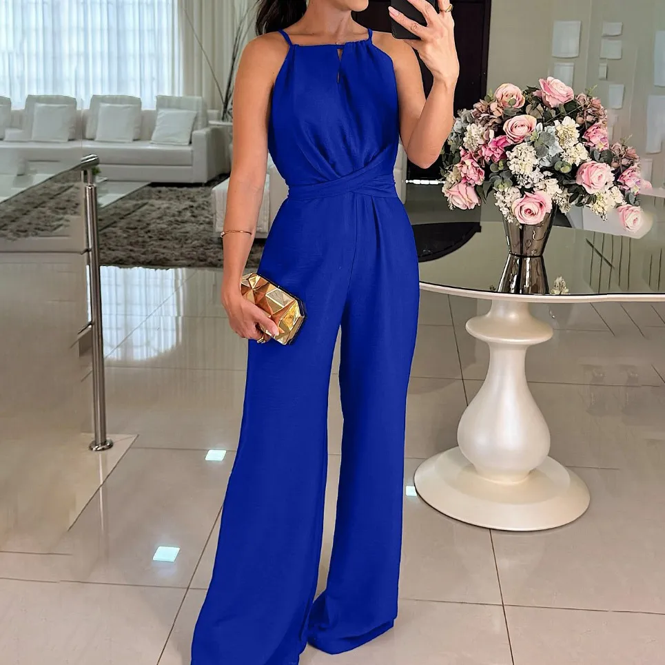 Women Fashion Sexy Solid Color Sleeveless Lace-Up Loose Jumpsuits