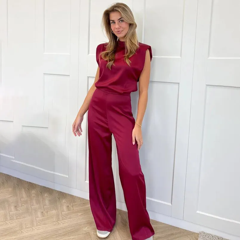 Women Fashion Elegant Solid Color Satin Sleeveless Backless Loose Wide Leg Jumpsuits