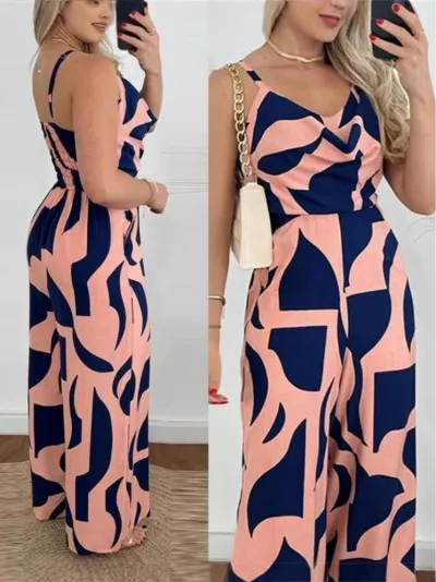 Women Fashion Elegant Printed Sleeveless Backless Wide Leg Jumpsuits