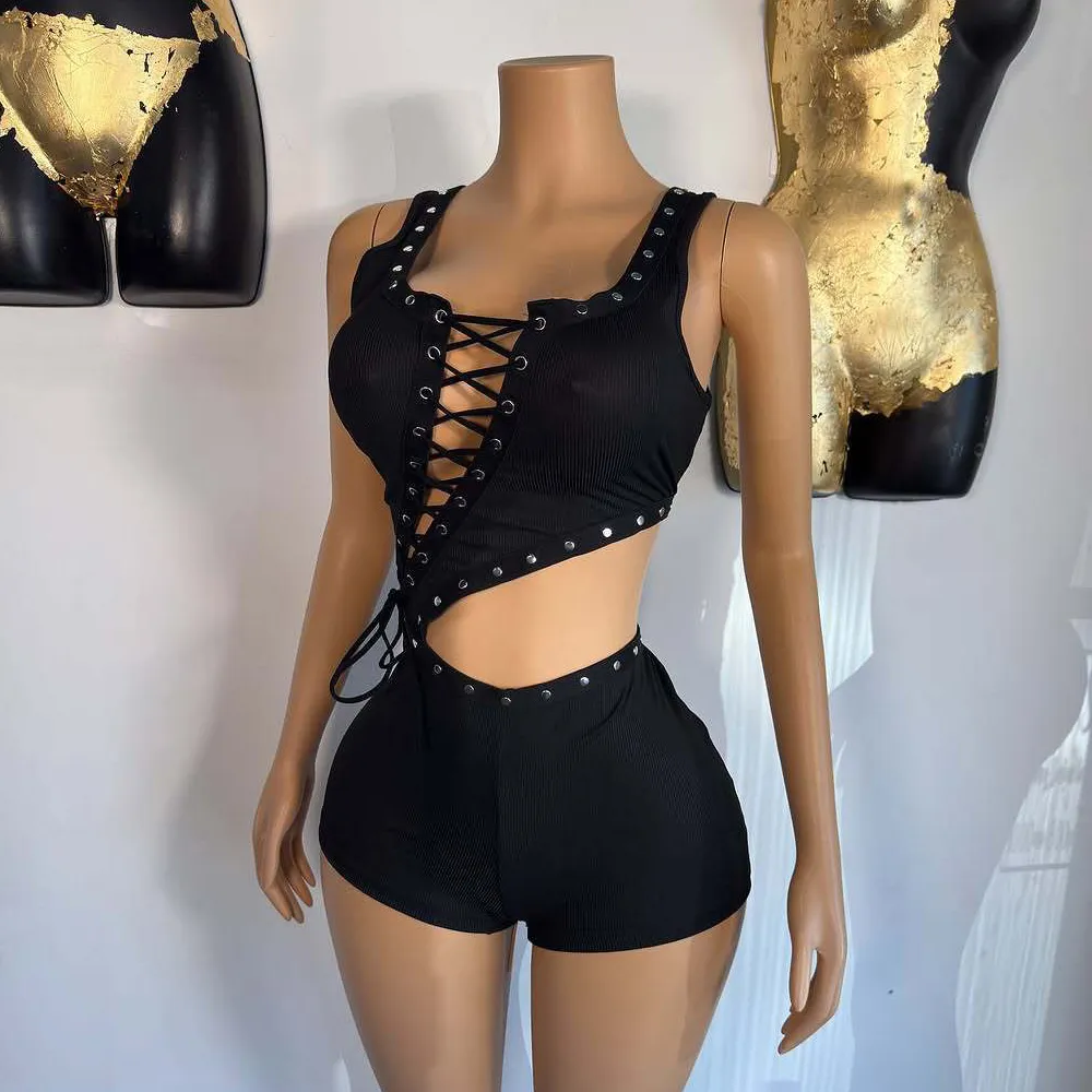 Women Fashion Sexy Irregular Sleeveless Hollow-Out Lace-Up Rompers