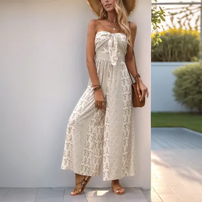 Women Fashion Sexy Geometric Printed Tube Top Loose Jumpsuits