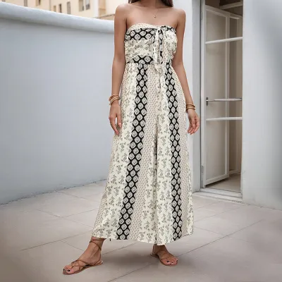 Women Fashion Sexy Geometric Printed Tube Top Loose Jumpsuits