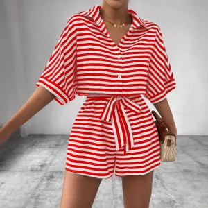 Women Casual Stripe Lapel Short-Sleeve Button Loose Rompers