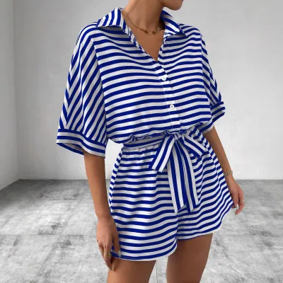 Women Casual Stripe Lapel Short-Sleeve Button Loose Rompers