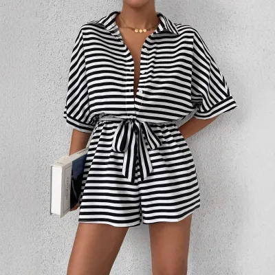 Women Casual Stripe Lapel Short-Sleeve Button Loose Rompers