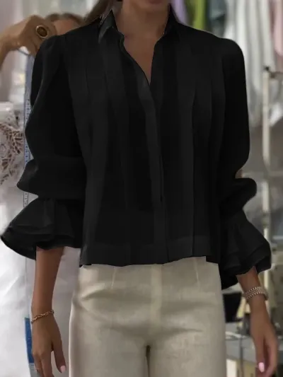 Women Casual Solid Color Pleated Lapel Long-Sleeve Loose Fit Blouse