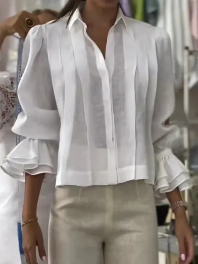 Women Casual Solid Color Pleated Lapel Long-Sleeve Loose Fit Blouse