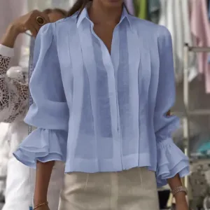 Women Casual Solid Color Pleated Lapel Long-Sleeve Loose Fit Blouse