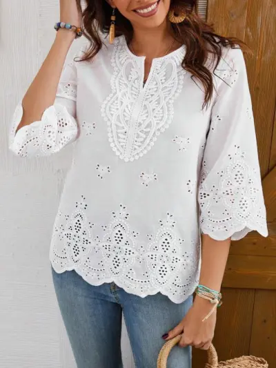 Women Casual Lace V-Neck Long-Sleeve Blouse