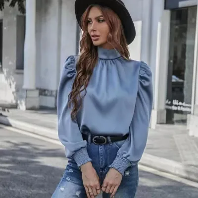 Women Elegant Silky Satin Solid Color Pleated Long Sleeve Loose Blouse